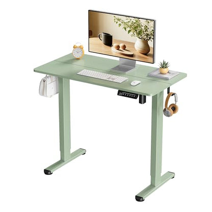 Small Electric Standing Desk, 35" ×20" Standing Table, Height Adjustable Compact Sit Stand Workstation with Splice Board, Home Office Desk with 2 Hooks, Sage Green