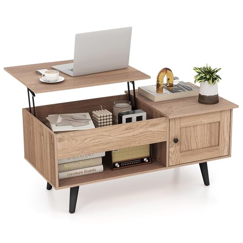Lift Top Coffee Table with Storage, Living Room Table with Hidden Compartment, Cabinet & Open Shelf, Flip Top Center Table, Pull up Coffee Table for Home, Office (Natural)