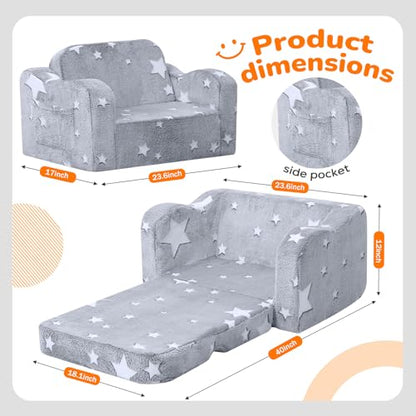 Glowing Star Kids Chair, 2-in-1 Foldable Kids Couch with Glow-in-the-Dark Star Design, Soft Foam Fold Out Lounger for Playroom and Reading, Washable Cover, Gift for Boys and Girls