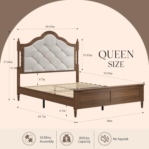 Queen Size Platform Bed Frame with Upholstered Headboard, view 3