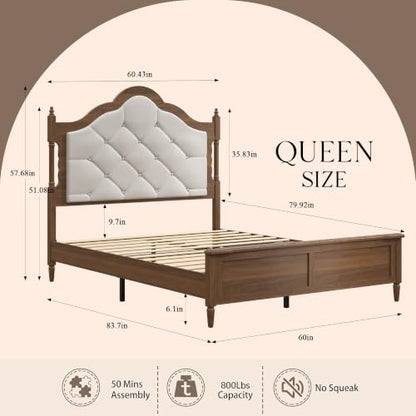Queen Size Platform Bed Frame with Upholstered Headboard, view 3
