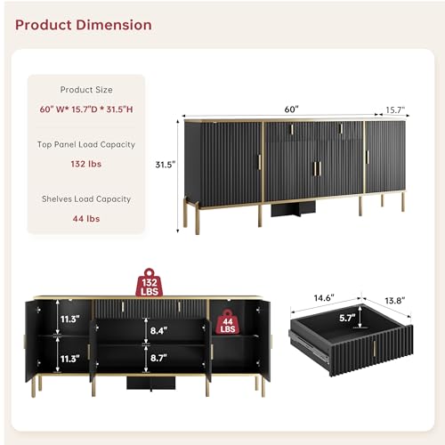 60" Fluted Buffet Cabinet with Storage, view 3