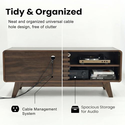 46" Mid-Century Modern TV Stand with Slatted Sliding Doors, view 6