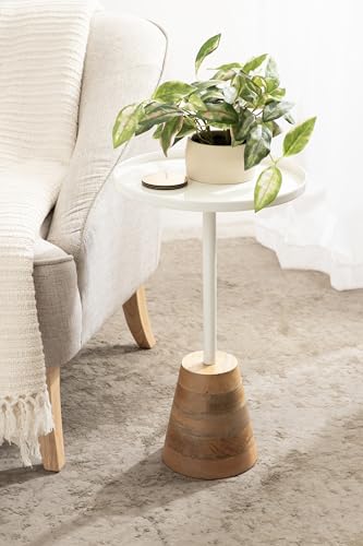 Tira Scandinavian Round Side Table, 14 x 24, White and Natural Wood, Modern Circle End Table for Use as Bedroom Nightstand or Living Room Pedestal Table