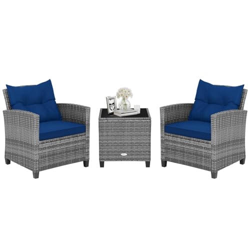 3 Pieces Patio Conversation Set, Outdoor Furniture Set PE Rattan Sofa Set with Removable Cushions, PE Wicker Chairs with Tempered Glass Side Table for Porch Lawn Garden Balcony Backyard
