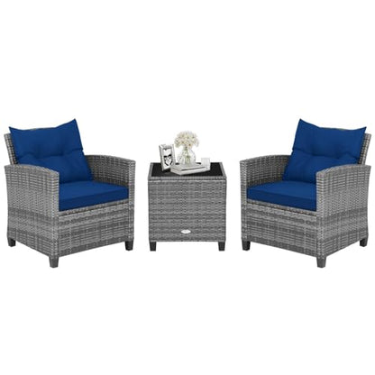 3 Pieces Patio Conversation Set, Outdoor Furniture Set PE Rattan Sofa Set with Removable Cushions, PE Wicker Chairs with Tempered Glass Side Table for Porch Lawn Garden Balcony Backyard