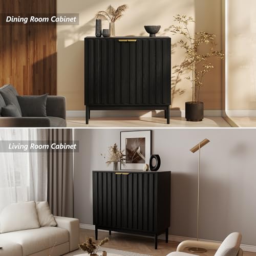 Fluted Buffet Cabinet with Storage, Small Accent Cabinet, Black, view 8