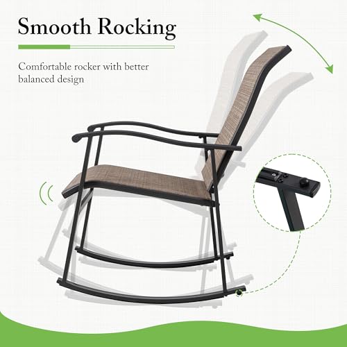 Rocking Chair Outdoor with Table, 3 Piece Rocking Patio Bistro Set, Outdoor Furniture Set with Metal Frame and Textilene Fabric for Small Space, Brown