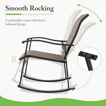 Rocking Chair Outdoor with Table, 3 Piece Rocking Patio Bistro Set, Outdoor Furniture Set with Metal Frame and Textilene Fabric for Small Space, Brown