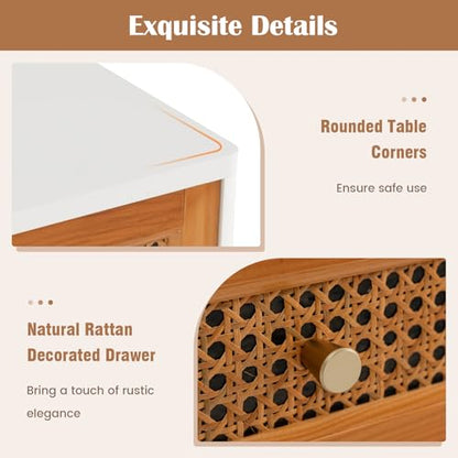 Rattan Nightstand Set of 2, Mid Century Modern End Table with Handwoven Rattan Decorated Drawer, Bedside Table with Solid Wood Legs for Bedroom and Living Room, Boho Night Stand, White