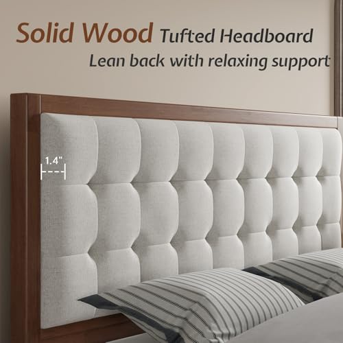 Queen Bed Frame Solid Wood,50" Tall Upholstered Headboard,Walnut, view 5