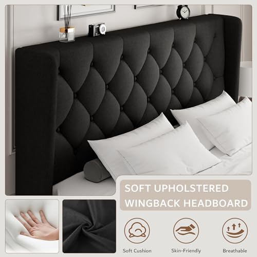Queen Size Platform Bed Frame with Button Tufted Headboard, view 4