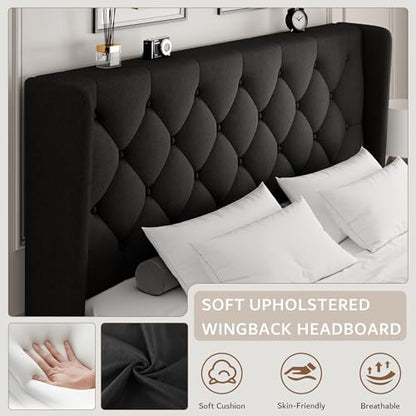 Queen Size Platform Bed Frame with Button Tufted Headboard, view 4