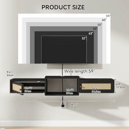 Modern Rattan Floating TV Stand with Doors, view 4