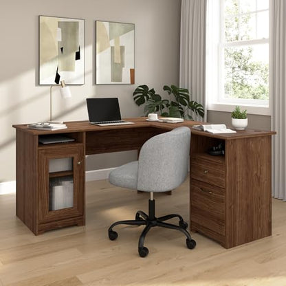 Cabot 60W L Shaped Computer Desk with Storage in Modern Walnut, 60-inch Corner Table with Drawers for Home Office Workspace