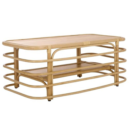 SAFAVIEH Home Collection - Maestro Natural Rattan & Wood Coffee Table, Rectangular Design with Lower Shelf, Fully Assembled (COF5400A)
