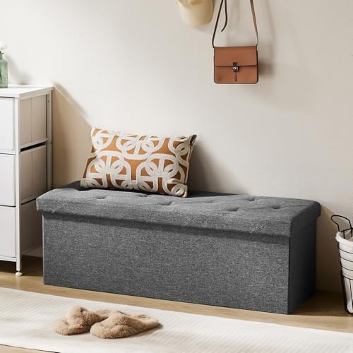 43 Inch Folding Storage Ottoman Bench, Large Hidden Storage Chest with Thicker Foam Padded Seat, End of Bed Foot Rest Stool for Bedroom Living Room Entryway, Load 660 lbs, Grey