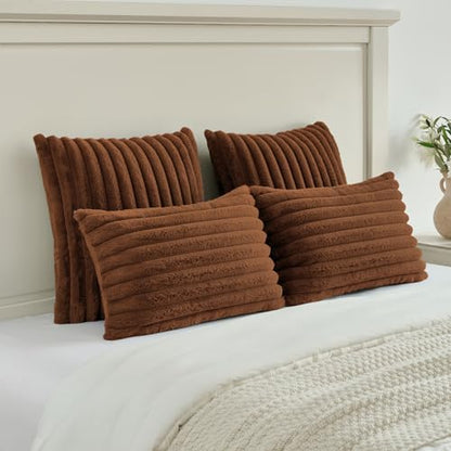Pack of 2 Fluffy Faux Fur Throw Pillow Covers 20x20 Inch Elegant Striped Textured Decorative Cushion Cases Modern Accent Pillow for Couch Bed Living Room, Rust