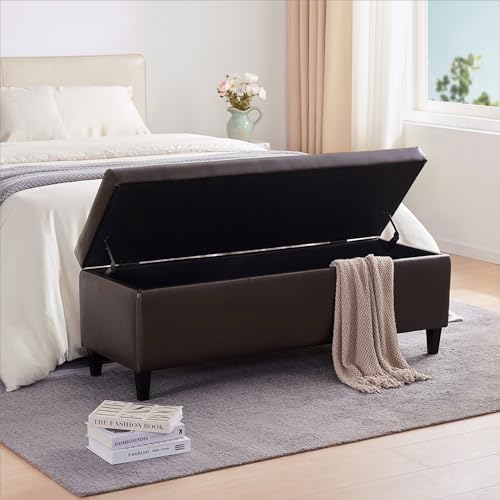 Faux Leather Storage Ottoman Bench 50.3 Inch Extra Long PU Upholstered Bedroom Bench with Large Storage Space for The Living Room, Entryway, Bedroom Hold Up to 300lbs (Brown)