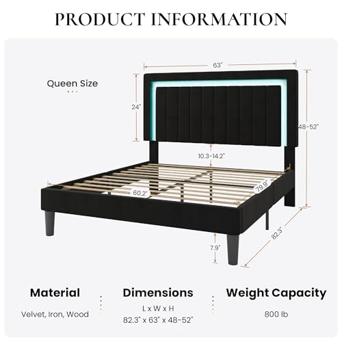Queen Size Velvet Bed Frame with LED Light, Black, view 3