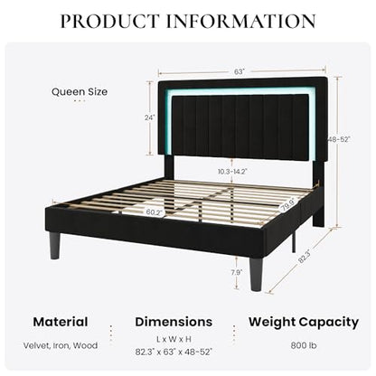 Queen Size Velvet Bed Frame with LED Light, Black, view 3