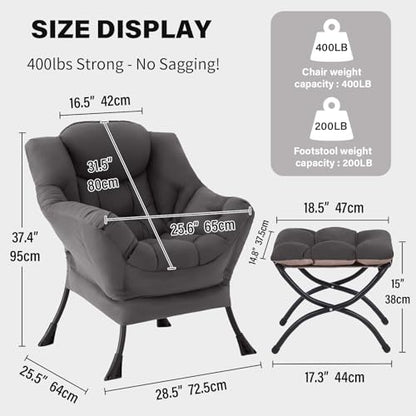 Lazy Chair with Ottoman, Lounge Accent Arm Chair with Armrests, Side Pocket and Footrest, Leisure Upholstered Sofa Reading Chair with Footstool for Living Room Bedroom, Dark Grey