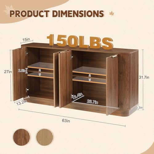 63" Fluted Sideboard Cabinet, 4 Doors, TV Stand Console, Walnut, view 3