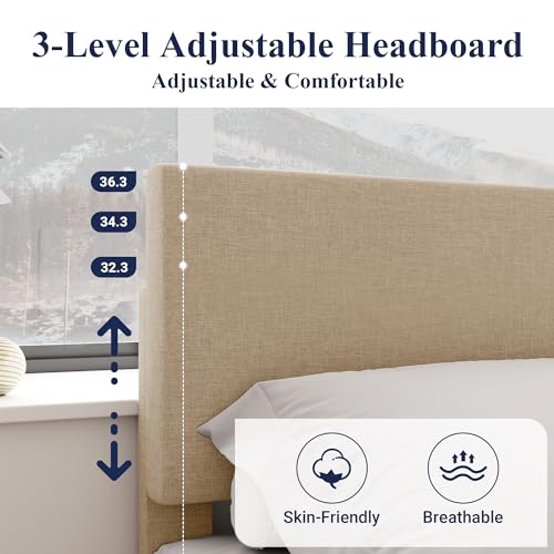 King Size Upholstered Bed Frame Adjustable Headboard, Beige, view 5