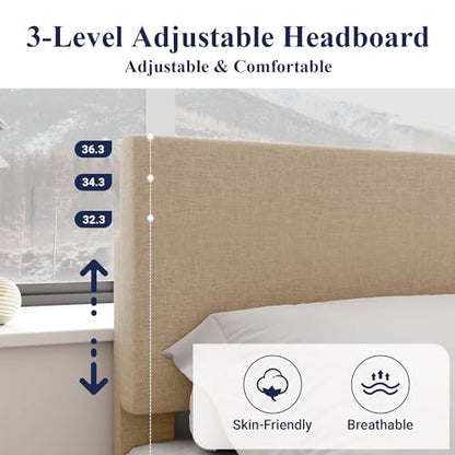 King Size Upholstered Bed Frame Adjustable Headboard, Beige, view 5