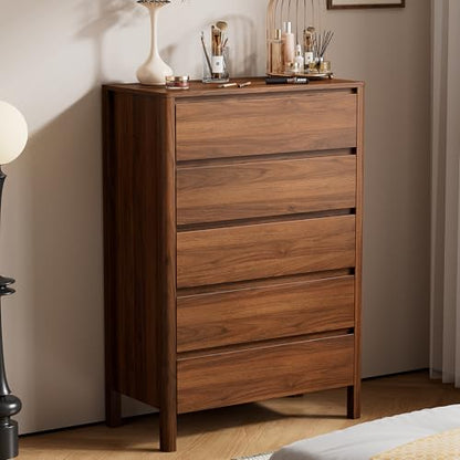 Walnut Dresser for Bedroom, 5 Drawer Dresser with Wood Legs, Tall Wood Dresser, view 7