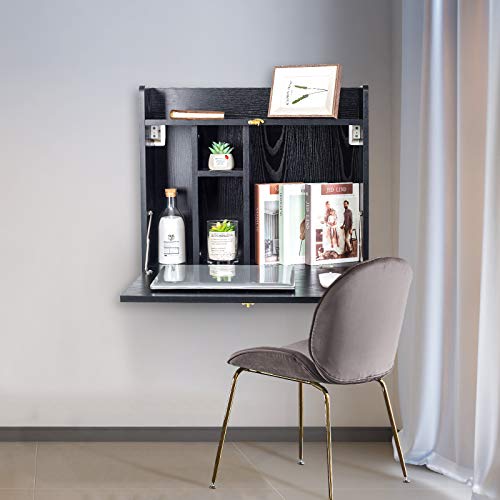 Wall Mounted Table, Multifunctional Fold Down Wall Mounted Laptop Computer Desk with Storage Compartments for Home, Office (Black)