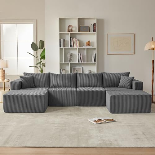 121''Modular Sectional Sofa with 2 Ottoman, Boneless couches for Living Room Furniture,Comfort U Shaped Sofa， Deep Seat Corner Couch，No Assembly Required（Gery，Corduroy）