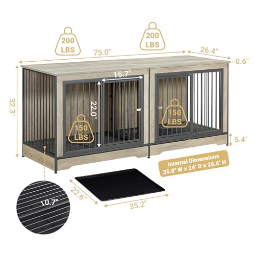 75'' Double Dog Crate Furniture for 2 Large Dogs, view 8