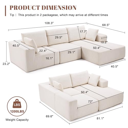 108” Modular Sectional Sofa, Cloud Sectional Couch with Deep Seat, Modern Modular L-Shape Sofa with Chaise,Upholstered Boneless Couches for Living Room (Corduroy, Beige)