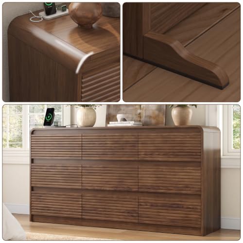 Walnut Fluted 9-Drawer Dresser for Bedroom w/Power Outlet, view 7