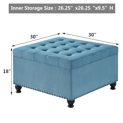 Linen Oversized Storage Ottoman,Large Square Ottoman Bench with Storage,Tufted Sofa Ottomans Footstool,Mid Century Modern Coffee Table for Living Room with Nailhead Trim (Light Blue)