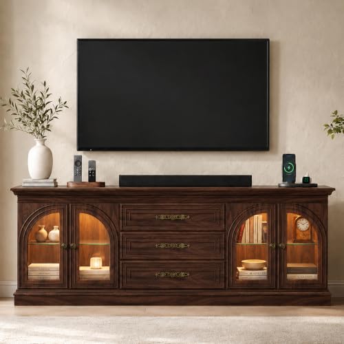 Mid Century Modern TV Stand for 70" TV, Power Outlets,Walnut Dark, view 3