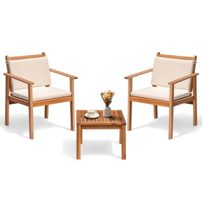 Outdoor Patio Furniture, 3 Piece Bistro Sofa Set with 1 Coffee Table and 2 Chairs, Acacia Wood Conversation Sets with Cushions, for Garden, Backyard, Poolside, White