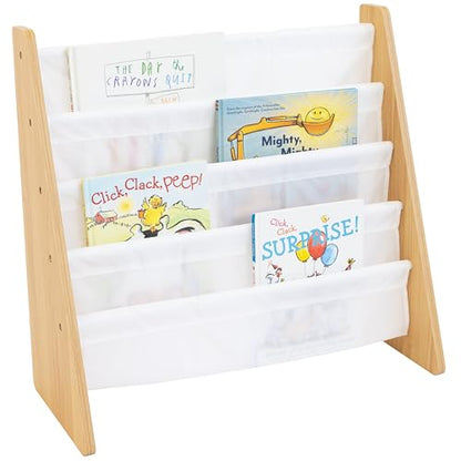 Kids Bookshelf, 4-Tier Front-Facing Book Display Organizer, Montessori Toddler Bookcase for Playroom, Bedroom & Reading Corner, Natural Wood/White