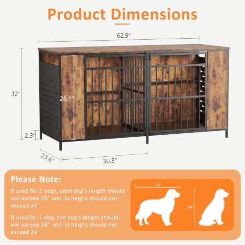 62.9" Double Dog Crate Furniture for 1-2 Dogs with Removable Divider, view 4