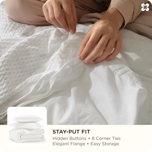 Bedsure PureWoven 3 Pieces 100% Cotton Waffle Duvet Cover Set, King, White, view 6