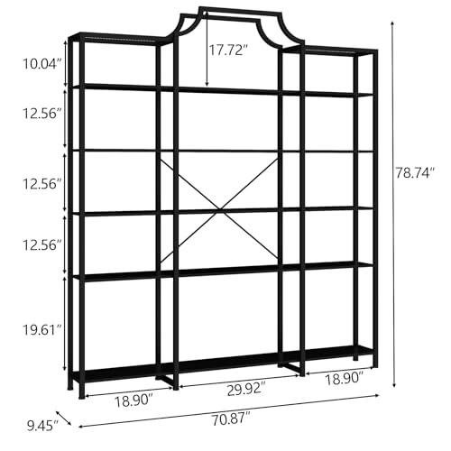 Triple Wide 5-Tier Bookshelf, 70.87" L x 79.13" H Extra Large Bookcase, Tall Open Etagere Display Shelf with Metal Frame, Freestanding Modern Storage Shelves for Home Office (Black)