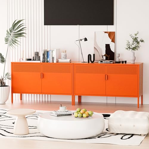 2 Door Accent Cabinet, Orange Metal Storage Cabinet with Adjustable Shelf, view 6