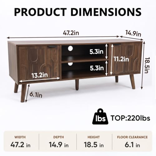 47" Mid Century Modern TV Stand, Fluted Walnut Media Console for 45" TVs, view 4