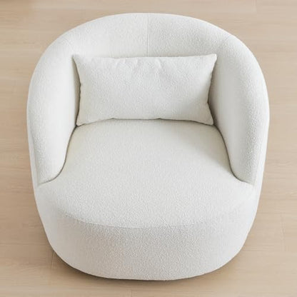 34" Wide Sherpa Swivel Barrel Chair, No Assembly Round Boucle Upholstered Accent Chair Armchair Single Sofa Chair with Toss Pillow for Living Room and Bedroom, Beige