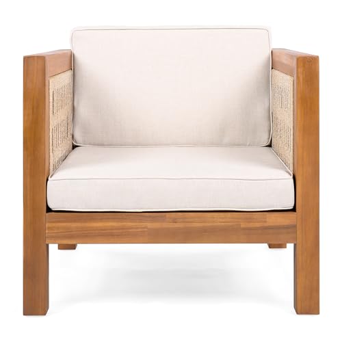 Emme Acacia Wood Lounge Chair Outdoor with Removable Cushion, Wooden Patio Accent Chair with Woven Rope Details, Outdoor Armchair for Patio Furniture Set, Teak+Beige
