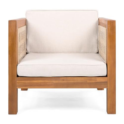 Emme Acacia Wood Lounge Chair Outdoor with Removable Cushion, Wooden Patio Accent Chair with Woven Rope Details, Outdoor Armchair for Patio Furniture Set, Teak+Beige