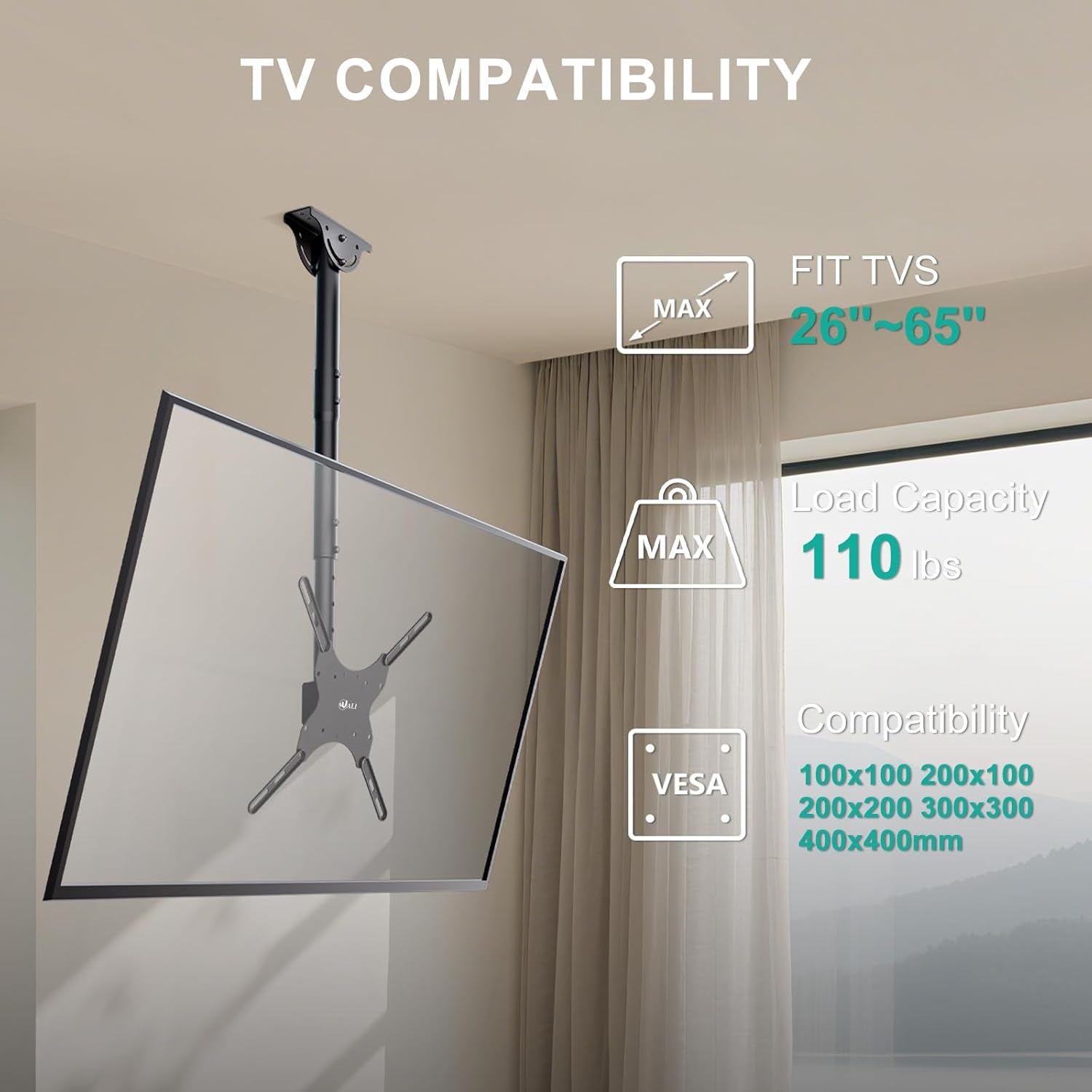 Ceiling TV Mount for 26-65 Inch LCD LED OLED 4K Tvs, Hanging Pole Ceiling Mount Tvs Bracket up Down, TV Mounts for Gym Patio Gazebo, up to 110Lbs, Max VESA 400X400Mm (CM2665), Black