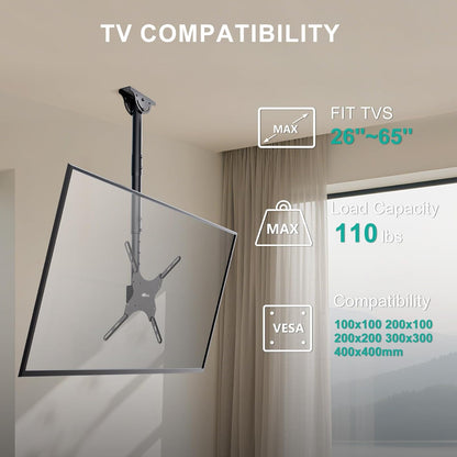 Ceiling TV Mount for 26-65 Inch LCD LED OLED 4K Tvs, Hanging Pole Ceiling Mount Tvs Bracket up Down, TV Mounts for Gym Patio Gazebo, up to 110Lbs, Max VESA 400X400Mm (CM2665), Black