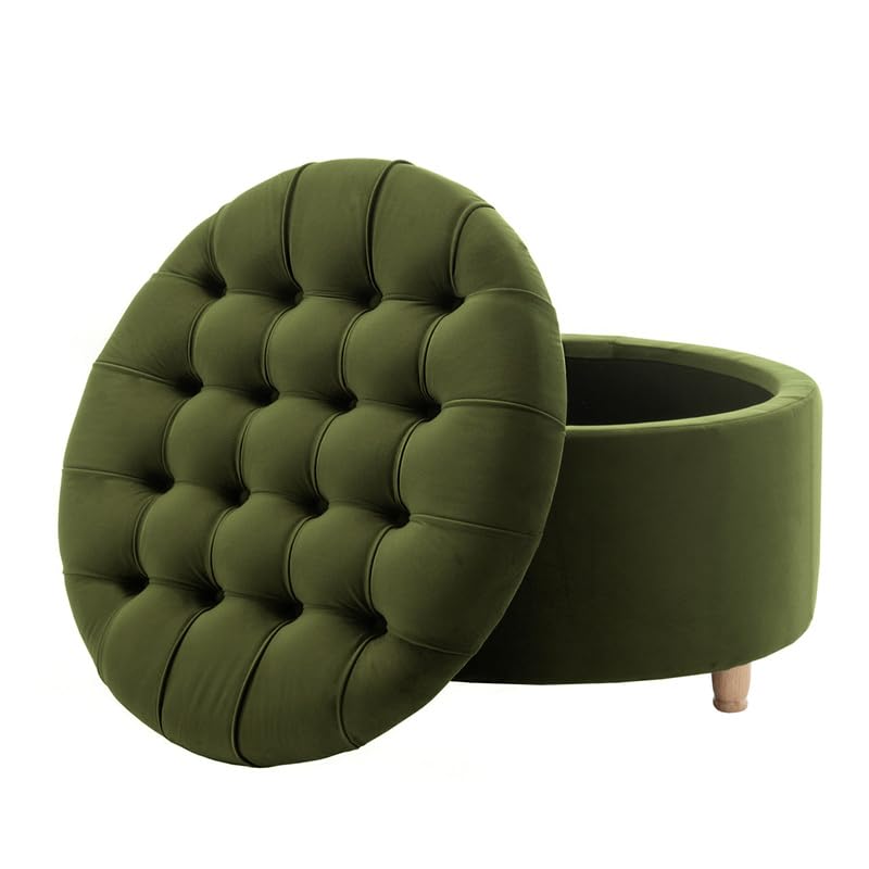 Niche Knight 28-Inch Large Round Pintucked Storage Ottoman with Lift-Off Lid, Tufted Upholstered Accent Footrest for Living Room, Bedroom, Entryway, Hidden Storage – Emerald Green